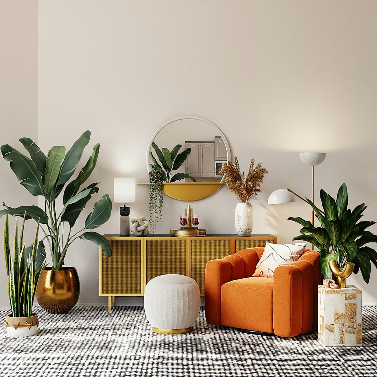 Penteadeira camarim com espelho redondo e banqueta em quarto decorado com plantas