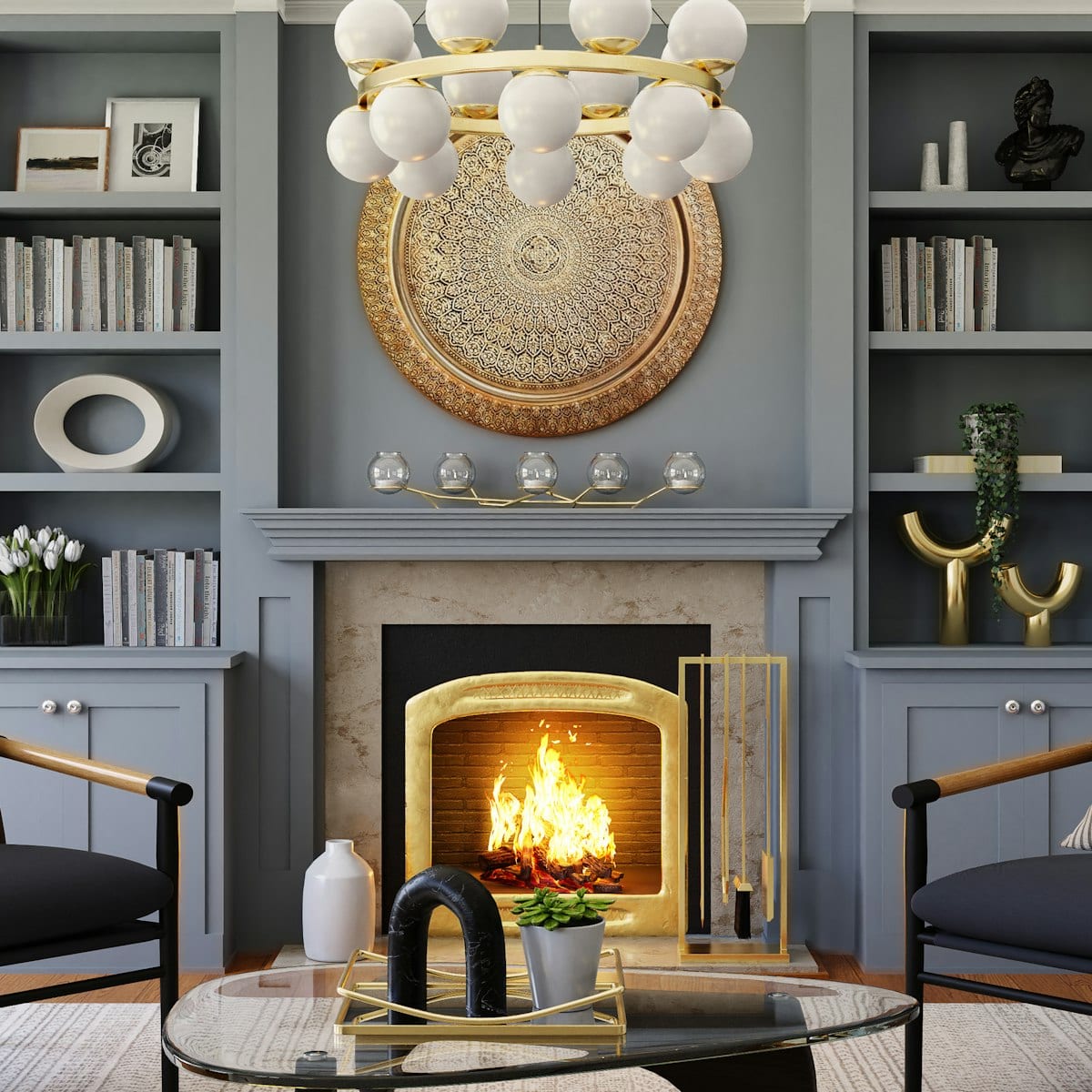 Detalhe das prateleiras com livros e objetos decorativos