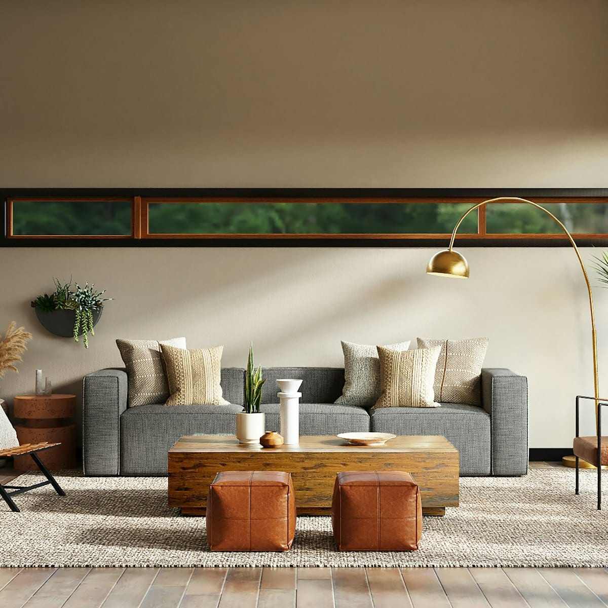 Sofá modular de 4 lugares em tecido grafite montado em linha, em sala ampla com tapete