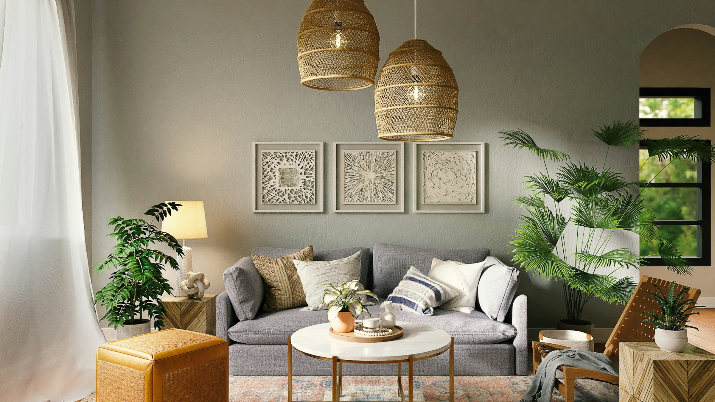 Sala de estar com sofá claro, luminárias pendentes de fibra natural e mesa de centro de madeira